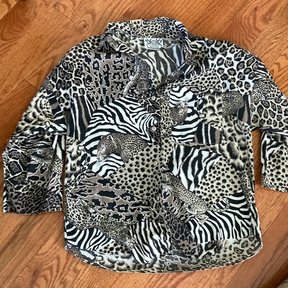 Leopard zebra cheetah animal print button down cotton top vintage 90s/80s - Picture 1 of 5